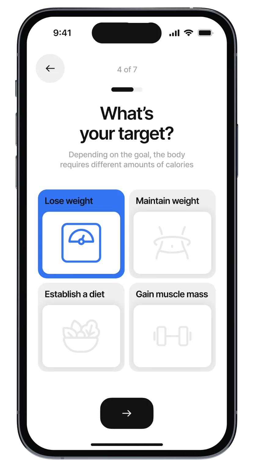 Caily — choose your target: lose weight, maintain, establish a diet or gain muscle