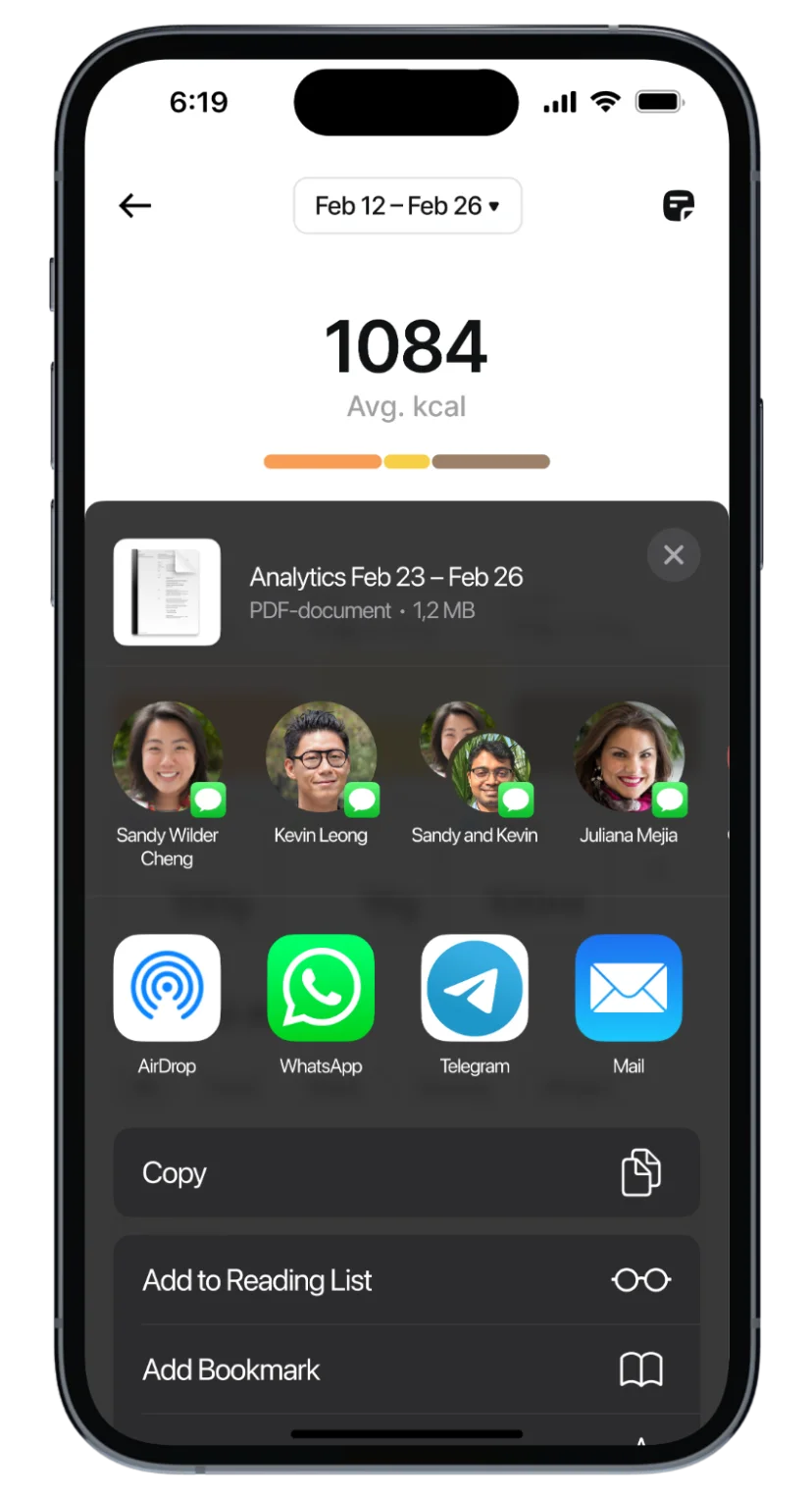 Caily — share your report as a PDF with a coach via WhatsApp, Telegram or Mail